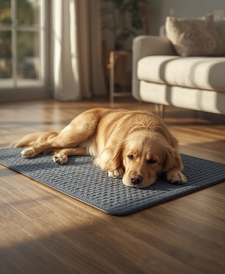 Golden retriever relaxing on a CoolPaws cooling mat